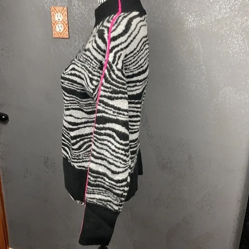 Halogen Swirl Zebra Mock Neck Sweater Black White Pink Stripe Cozy Soft NWT Sz L